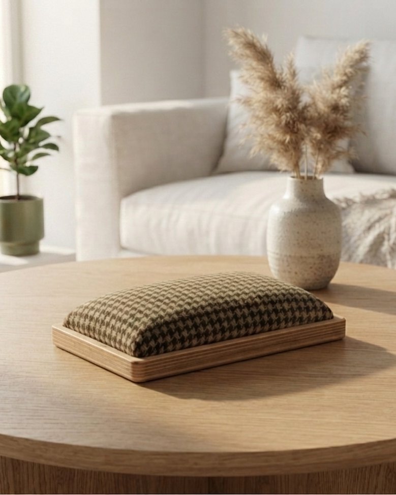 TinyPillow on a round table in a sunlit living room