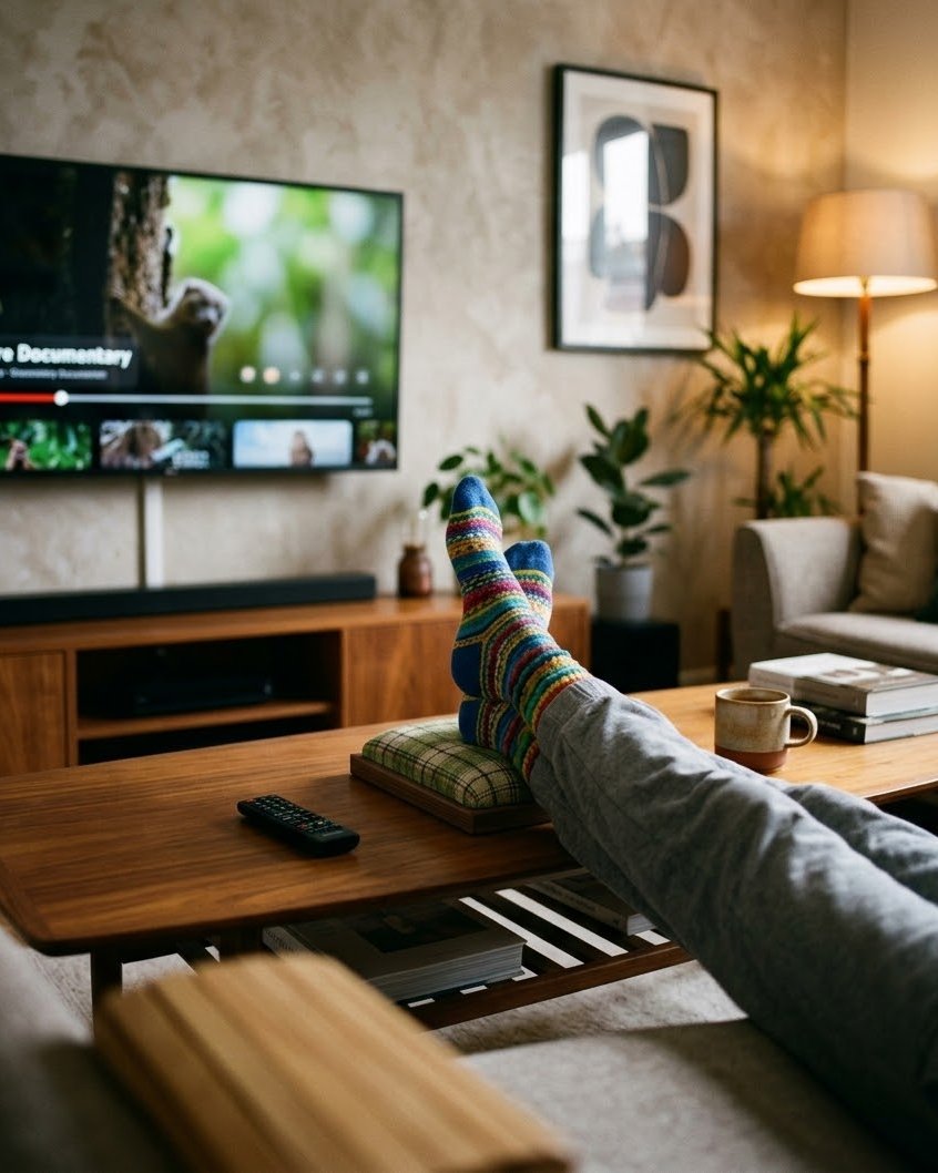 TinyPillow under cozy feet, watching TV
